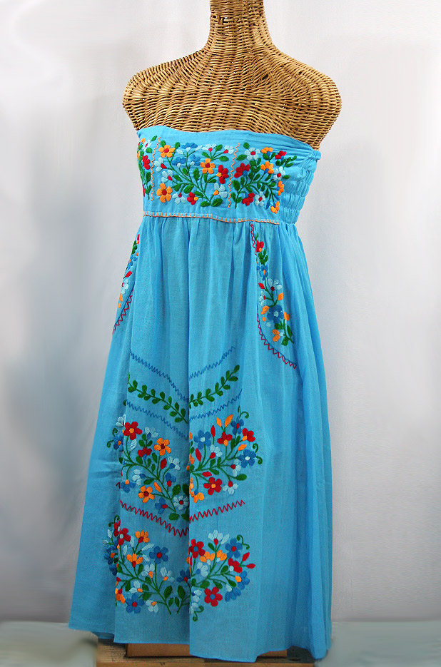 "La Pasiflora" Embroidered Strapless Sundress - Aqua + Multi