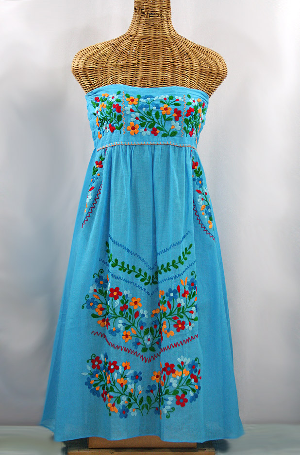 "La Pasiflora" Embroidered Strapless Sundress - Aqua + Multi