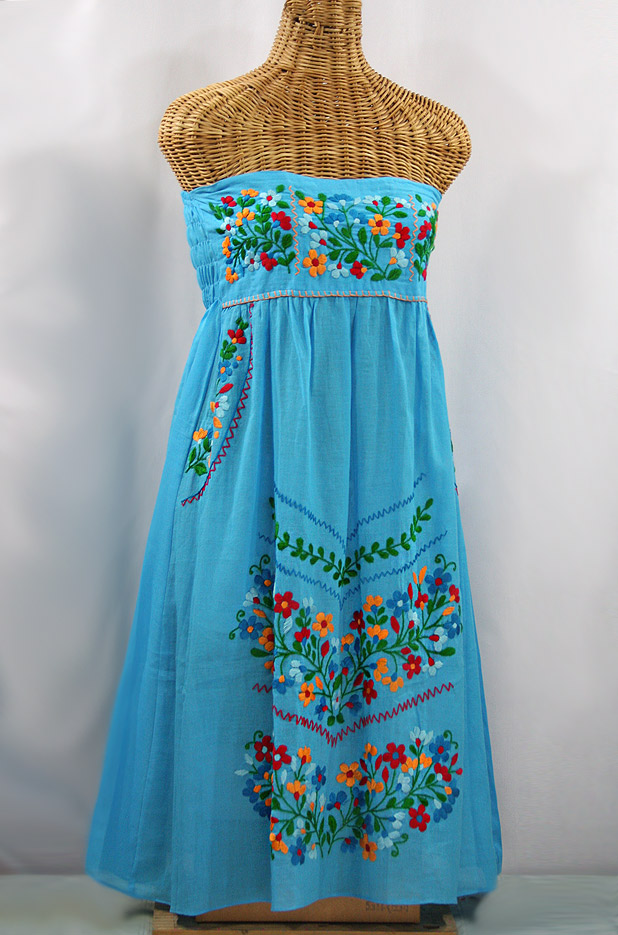 "La Pasiflora" Embroidered Strapless Sundress - Aqua + Multi