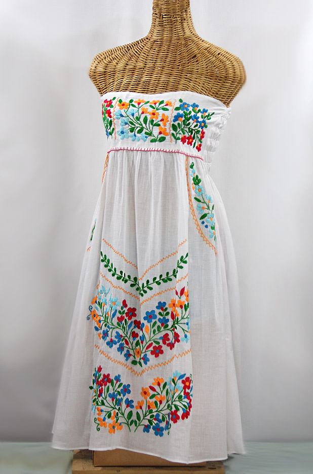 "La Pasiflora" Embroidered Strapless Sundress - White + Multi