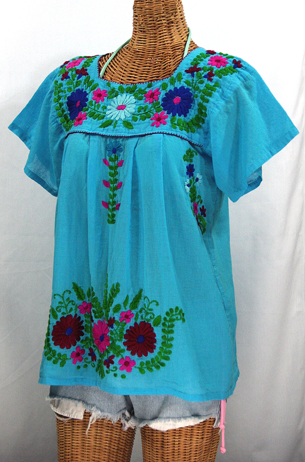 "La Poblana" Embroidered Mexican Style Peasant Top - Aqua