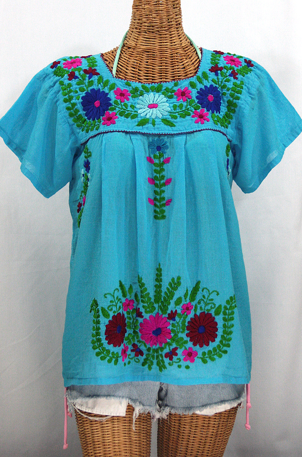 "La Poblana" Embroidered Mexican Style Peasant Top - Aqua