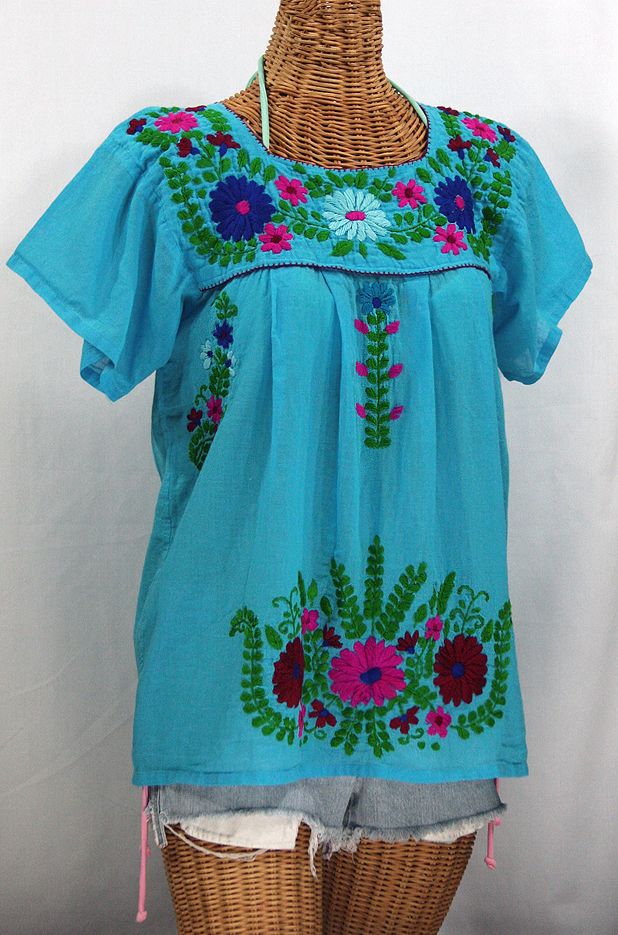 "La Poblana" Embroidered Mexican Style Peasant Top - Aqua