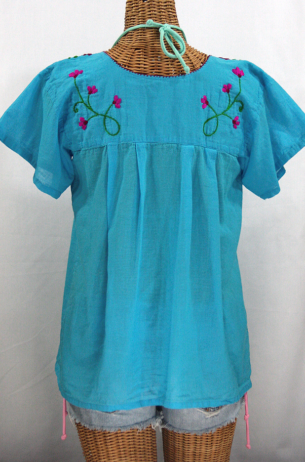 "La Poblana" Embroidered Mexican Style Peasant Top - Aqua