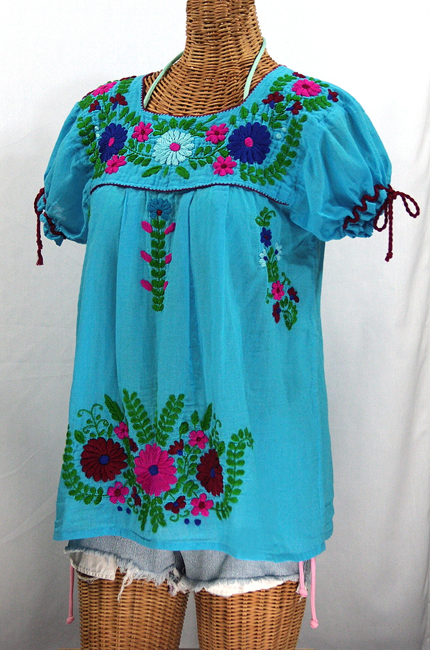 "La Poblana" Puff-Tie Short Sleeve Embroidered Mexican Style Peasant Top - Aqua