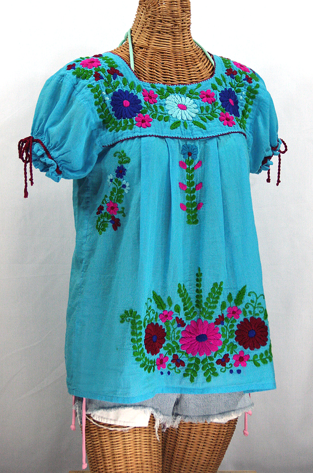 "La Poblana" Puff-Tie Short Sleeve Embroidered Mexican Style Peasant Top - Aqua