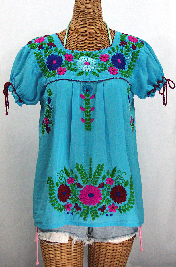 "La Poblana" Puff-Tie Short Sleeve Embroidered Mexican Style Peasant Top - Aqua