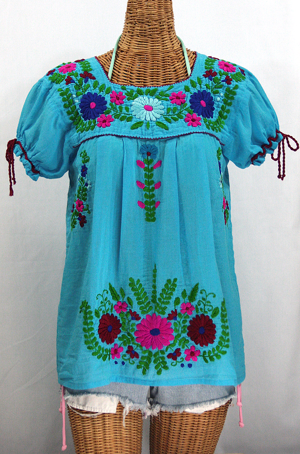 "La Poblana" Puff-Tie Short Sleeve Embroidered Mexican Style Peasant Top - Aqua