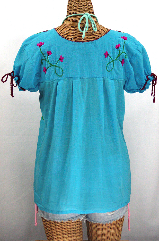 "La Poblana" Puff-Tie Short Sleeve Embroidered Mexican Style Peasant Top - Aqua