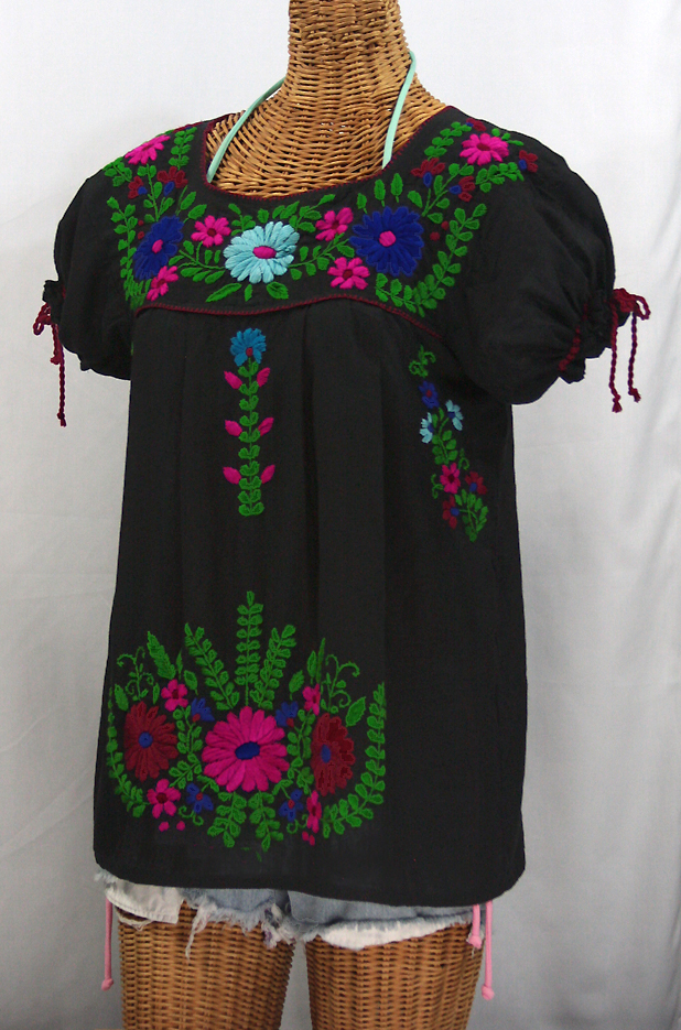"La Poblana" Puff-Tie Short Sleeve Embroidered Mexican Style Peasant Top - Black