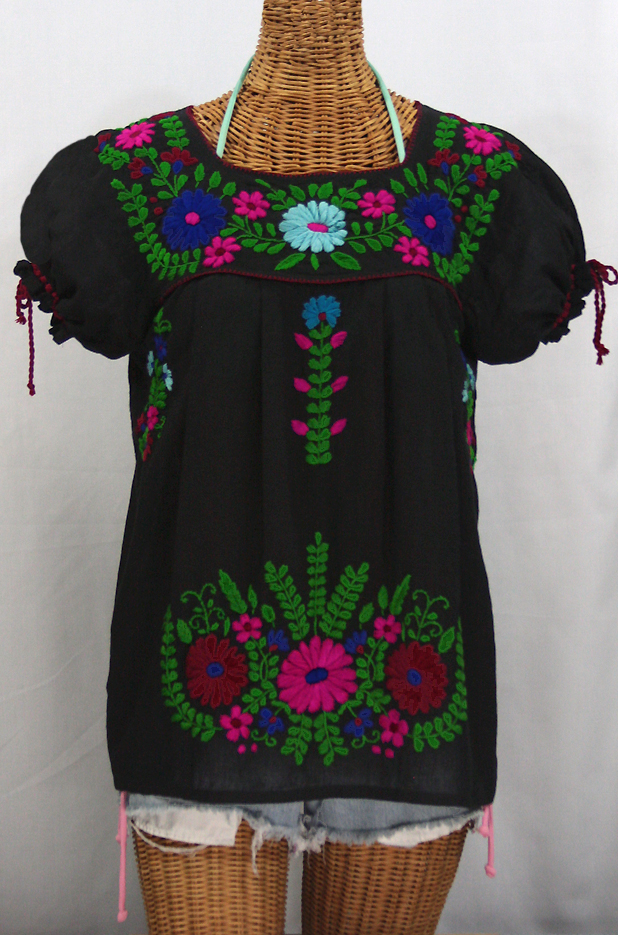 "La Poblana" Puff-Tie Short Sleeve Embroidered Mexican Style Peasant Top - Black