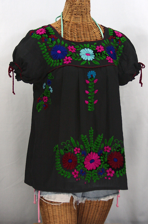 "La Poblana" Puff-Tie Short Sleeve Embroidered Mexican Style Peasant Top - Black