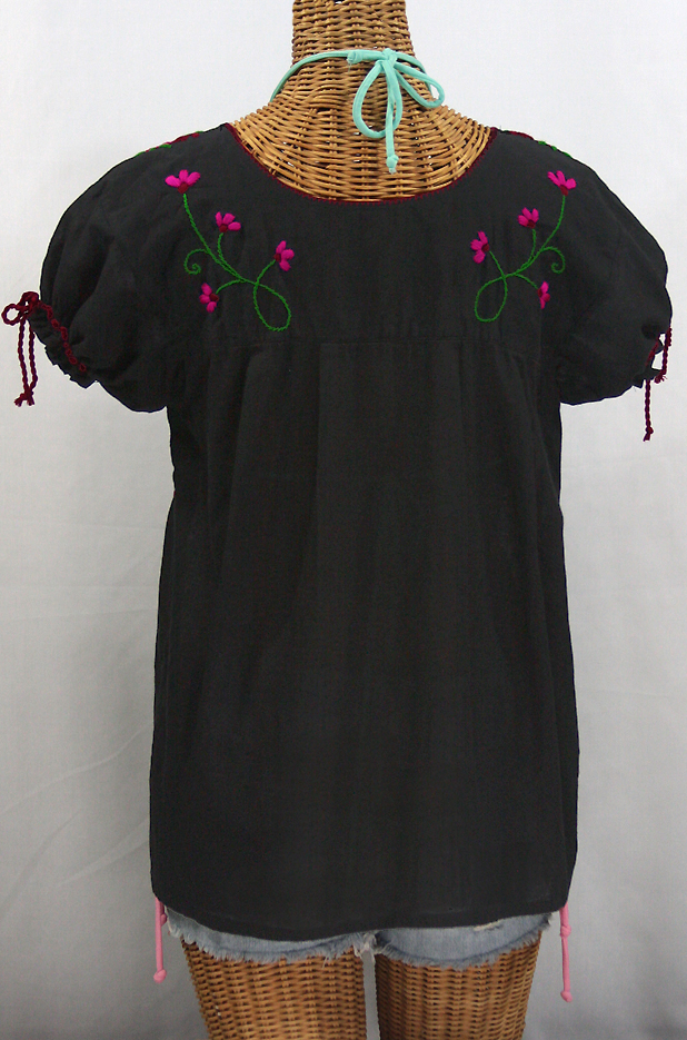 "La Poblana" Puff-Tie Short Sleeve Embroidered Mexican Style Peasant Top - Black