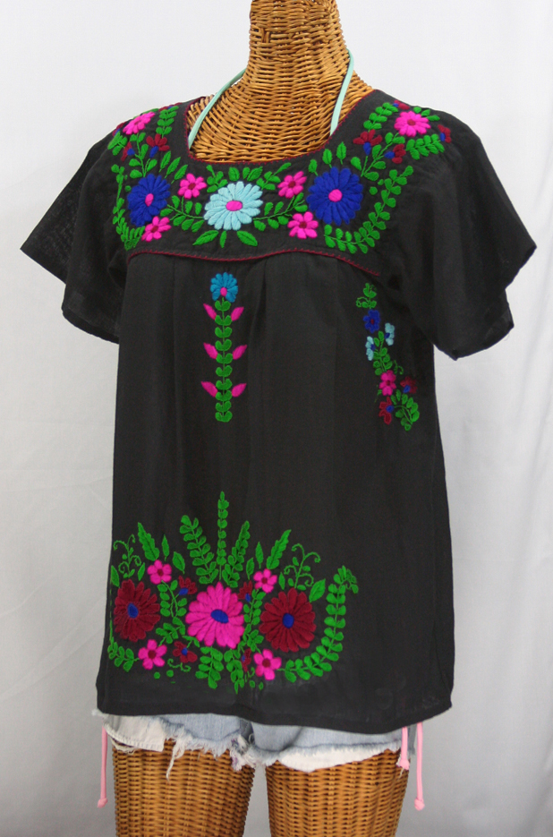 "La Poblana" Embroidered Mexican Style Peasant Top - Black