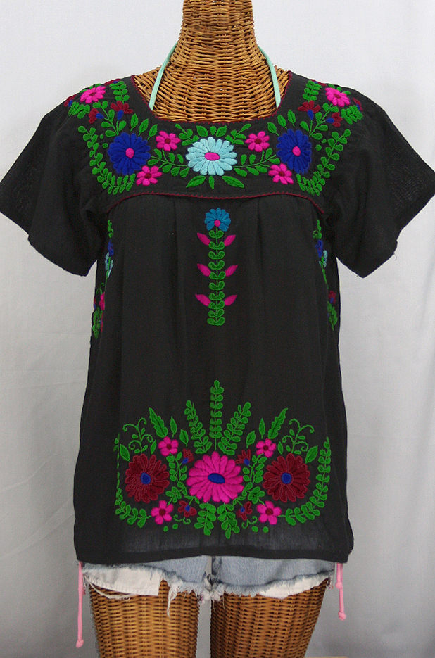 "La Poblana" Embroidered Mexican Style Peasant Top - Black