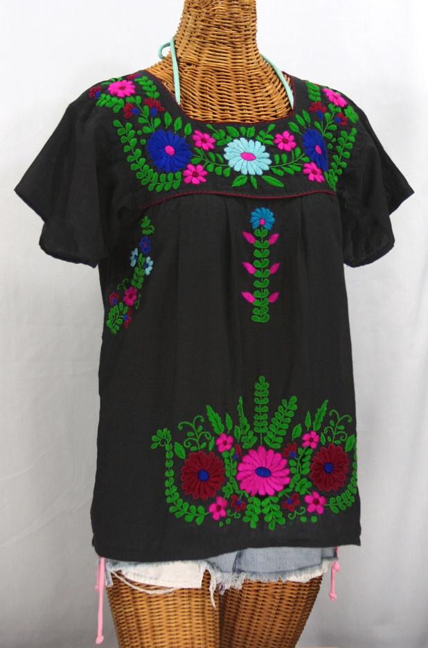 "La Poblana" Embroidered Mexican Style Peasant Top - Black