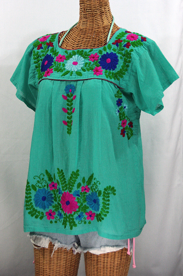 "La Poblana" Embroidered Mexican Style Peasant Top - Mint Green