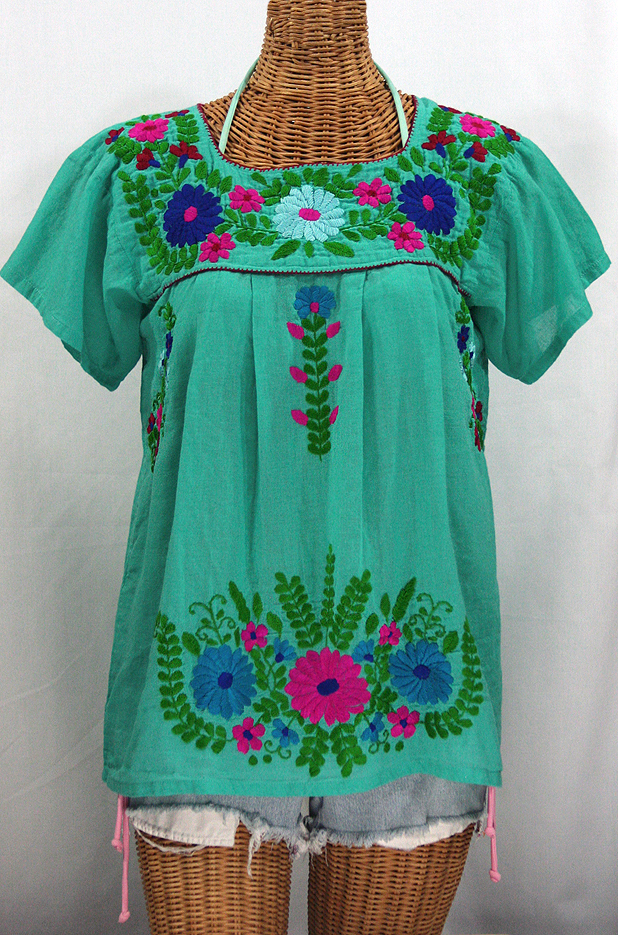 "La Poblana" Embroidered Mexican Style Peasant Top - Mint Green