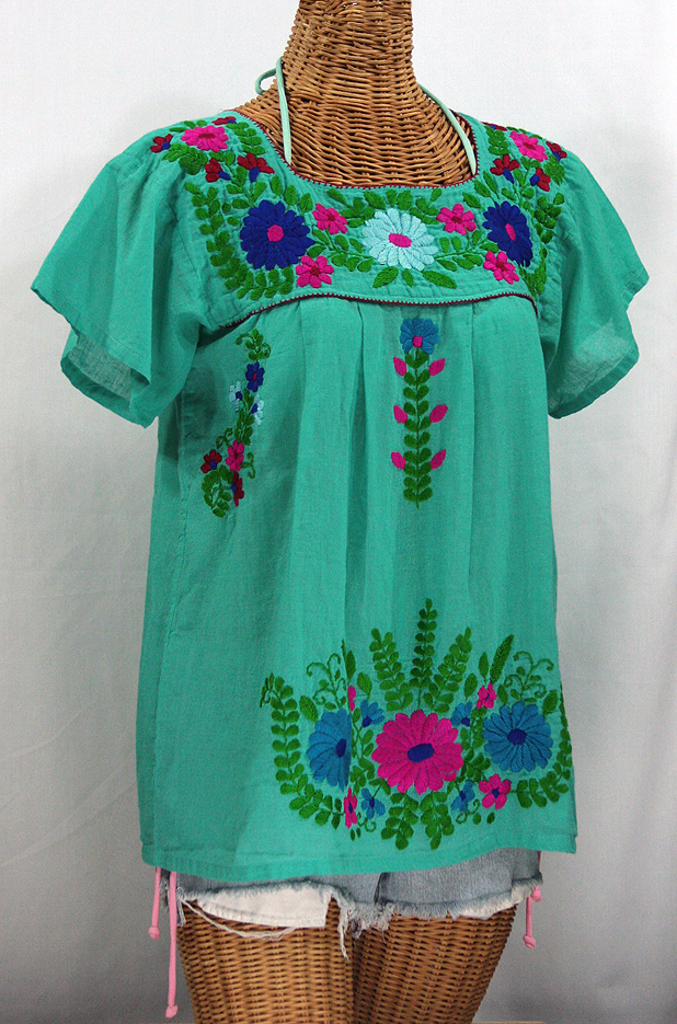 "La Poblana" Embroidered Mexican Style Peasant Top - Mint Green