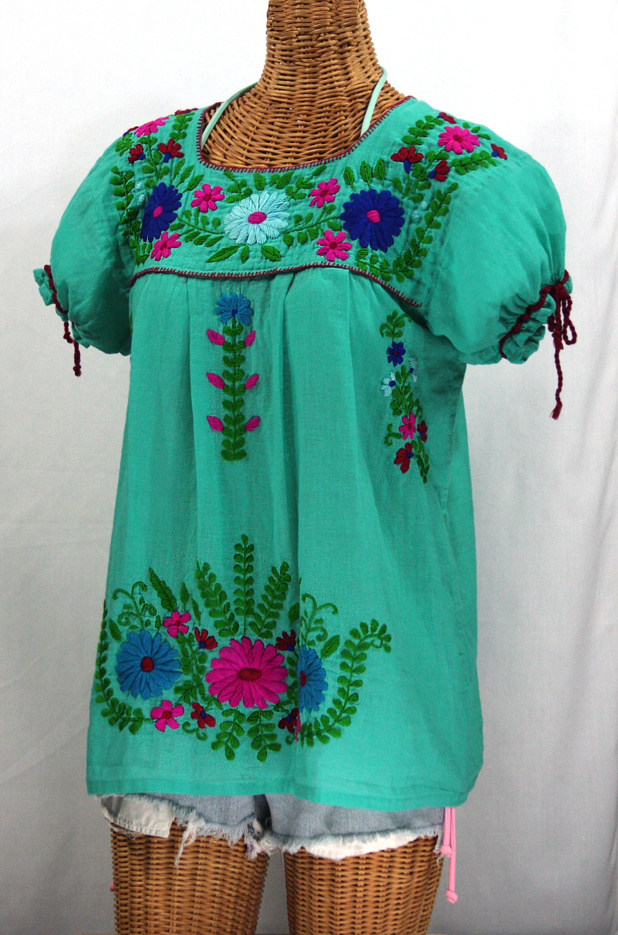 "La Poblana" Puff-Tie Short Sleeve Embroidered Mexican Style Peasant Top - Mint Green