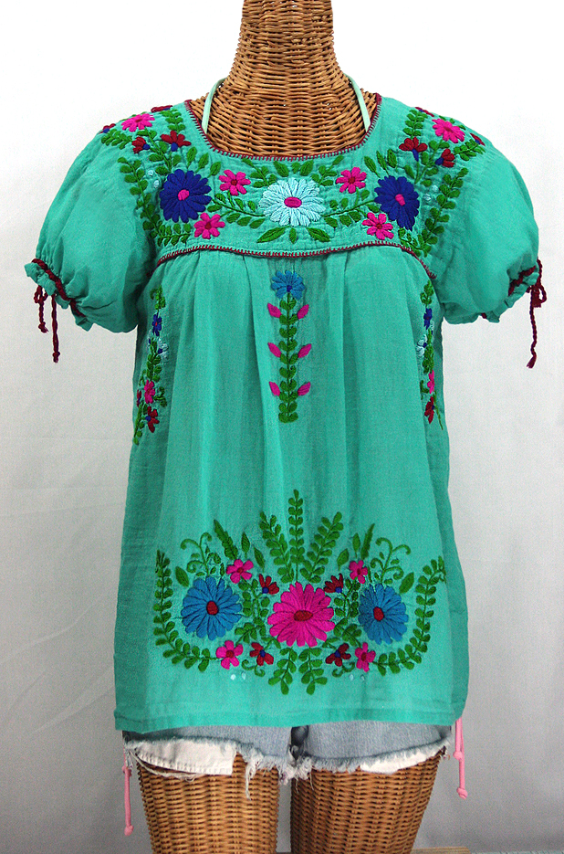 "La Poblana" Puff-Tie Short Sleeve Embroidered Mexican Style Peasant Top - Mint Green