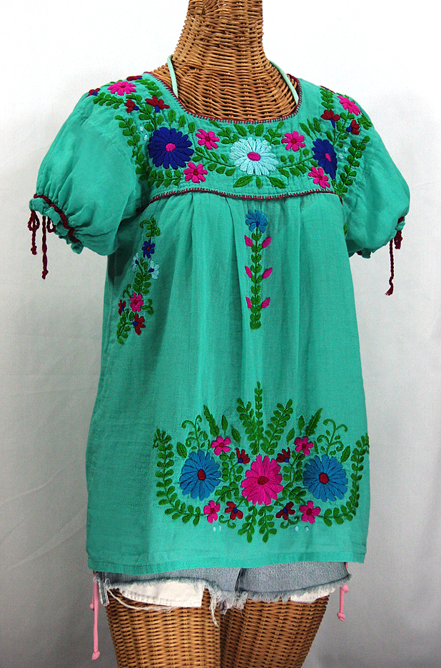 "La Poblana" Puff-Tie Short Sleeve Embroidered Mexican Style Peasant Top - Mint Green