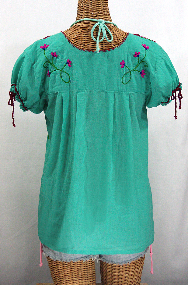 "La Poblana" Puff-Tie Short Sleeve Embroidered Mexican Style Peasant Top - Mint Green