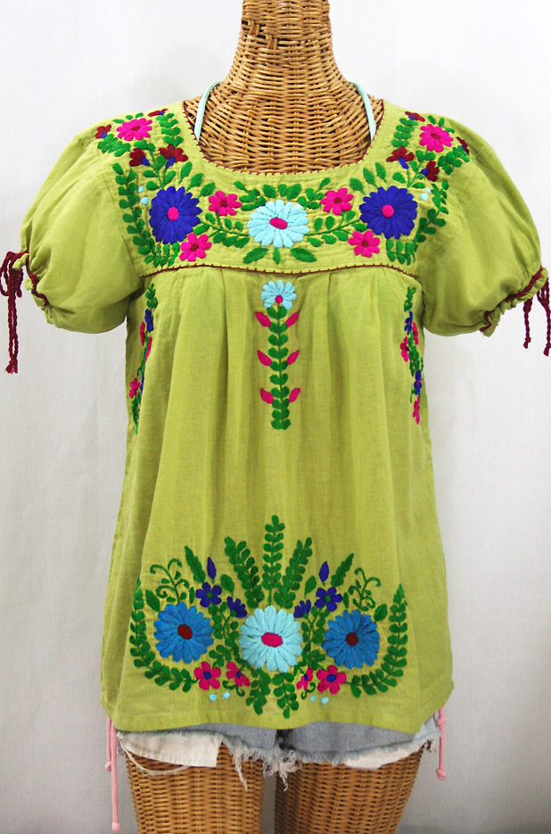 "La Poblana" Puff-Tie Short Sleeve Embroidered Mexican Style Peasant Top - Moss Green