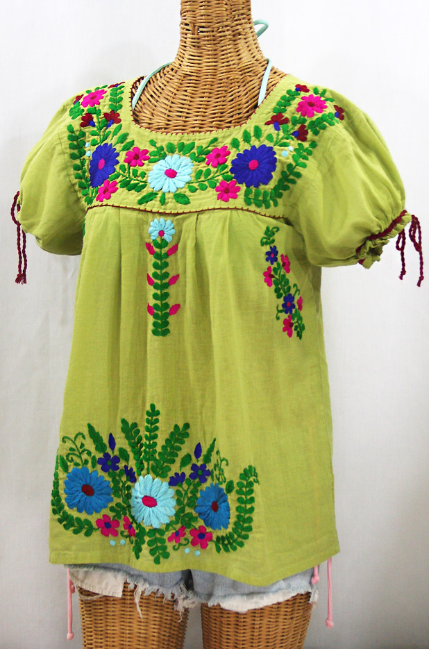 "La Poblana" Puff-Tie Short Sleeve Embroidered Mexican Style Peasant Top - Moss Green