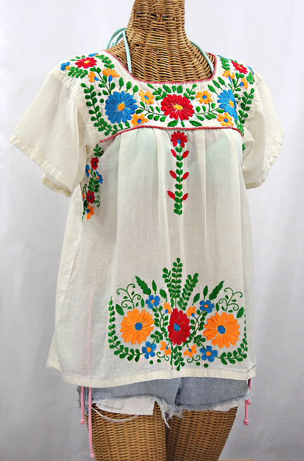 "La Poblana" Embroidered Mexican Style Peasant Top - Off White + Fiesta