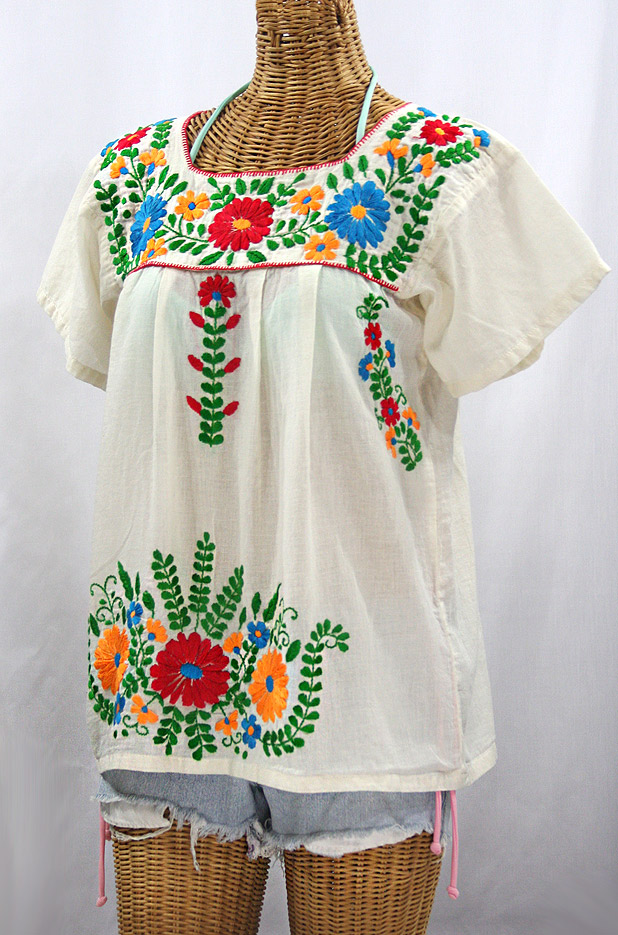 "La Poblana" Embroidered Mexican Style Peasant Top - Off White + Fiesta