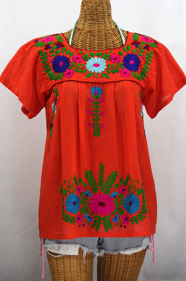 "La Poblana" Embroidered Mexican Style Peasant Top - Orange