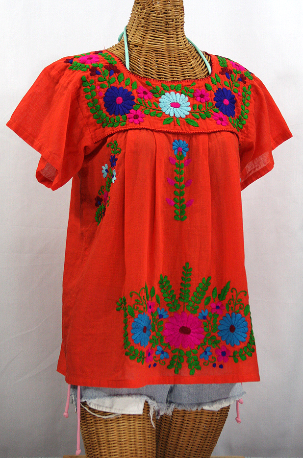 "La Poblana" Embroidered Mexican Style Peasant Top - Orange