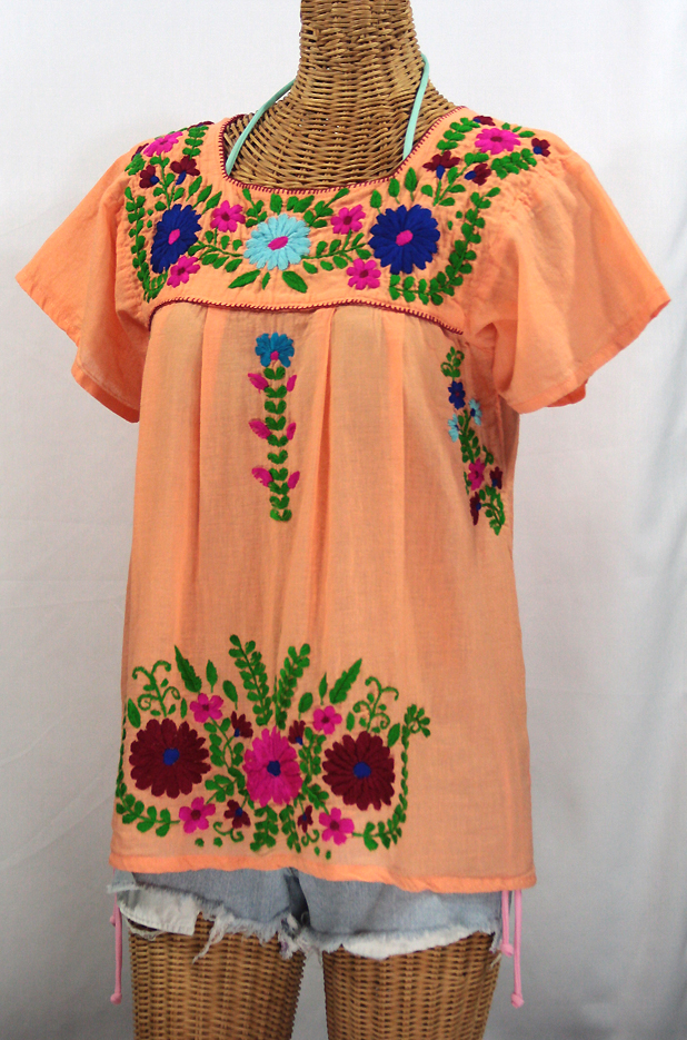 "La Poblana" Embroidered Mexican Style Peasant Top - Orange Cream