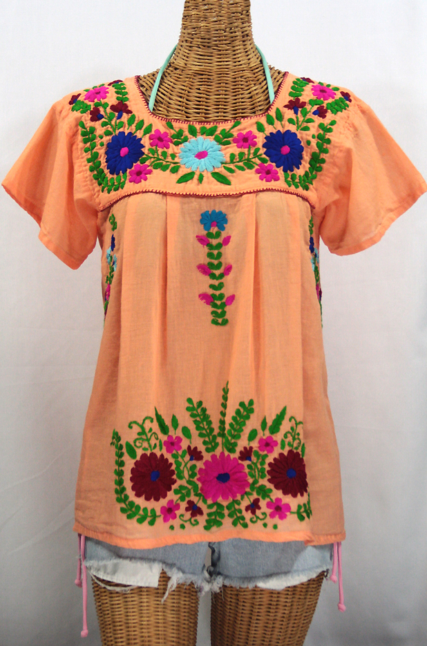 "La Poblana" Embroidered Mexican Style Peasant Top - Orange Cream
