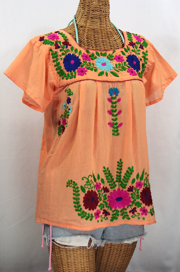 "La Poblana" Embroidered Mexican Style Peasant Top - Orange Cream