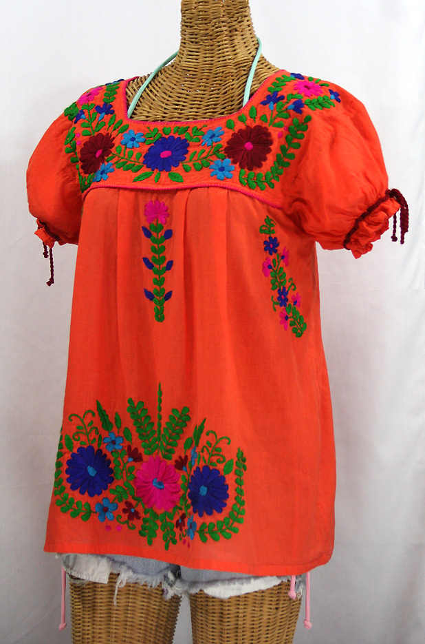 "La Poblana" Puff-Tie Short Sleeve Embroidered Mexican Style Peasant Top - Orange