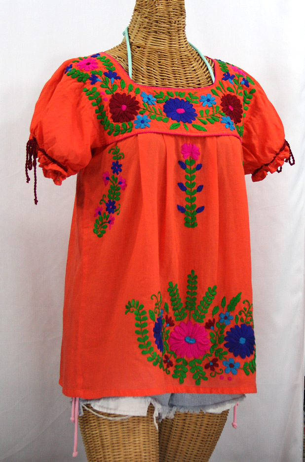 "La Poblana" Puff-Tie Short Sleeve Embroidered Mexican Style Peasant Top - Orange