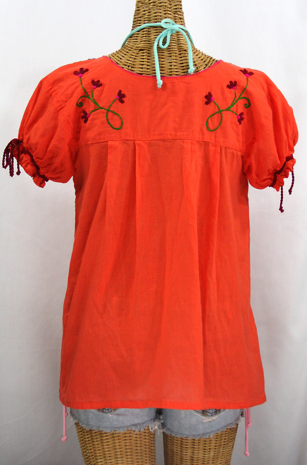 FINAL SALE -- "La Poblana" Puff-Tie Short Sleeve Embroidered Mexican Style Peasant Top - Orange