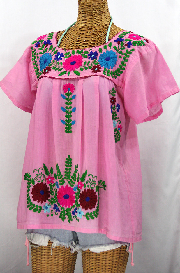 "La Poblana" Embroidered Mexican Style Peasant Top - Bubblegum Pink