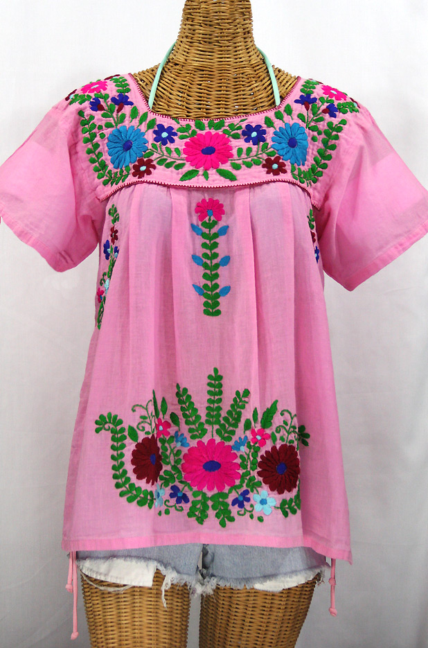 "La Poblana" Embroidered Mexican Style Peasant Top - Bubblegum Pink