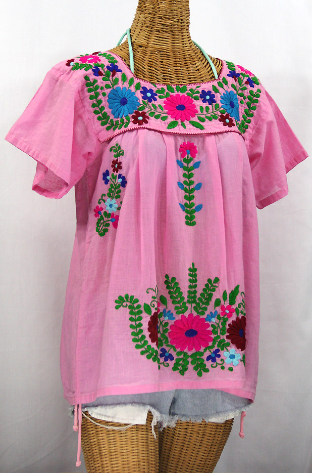 "La Poblana" Embroidered Mexican Style Peasant Top - Bubblegum Pink