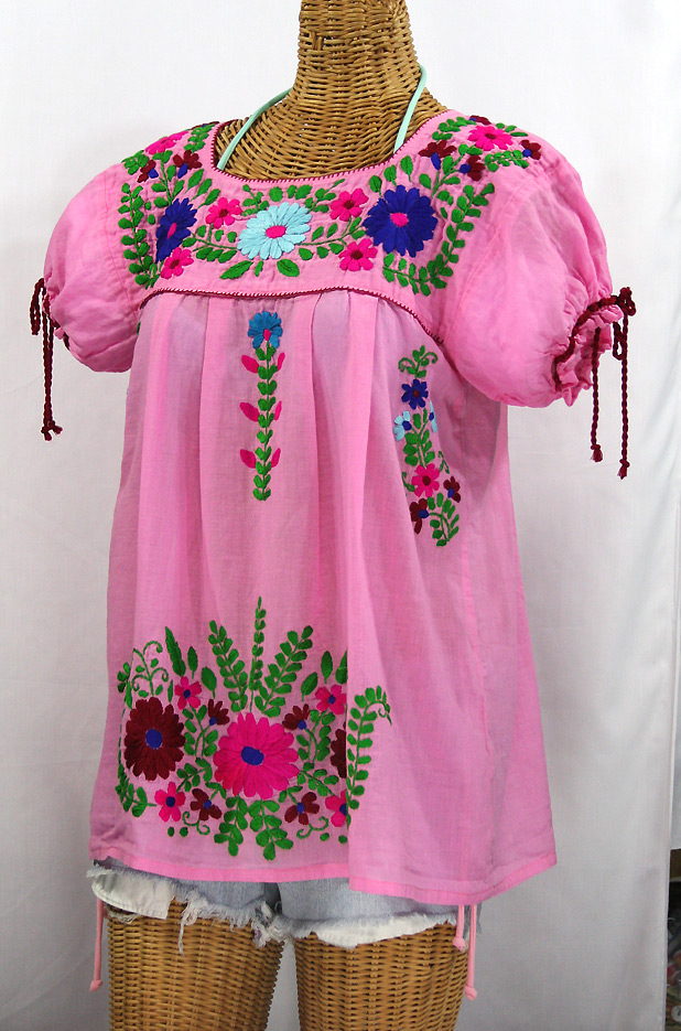 "La Poblana" Puff-Tie Short Sleeve Embroidered Mexican Style Peasant Top - Bubblegum Pink