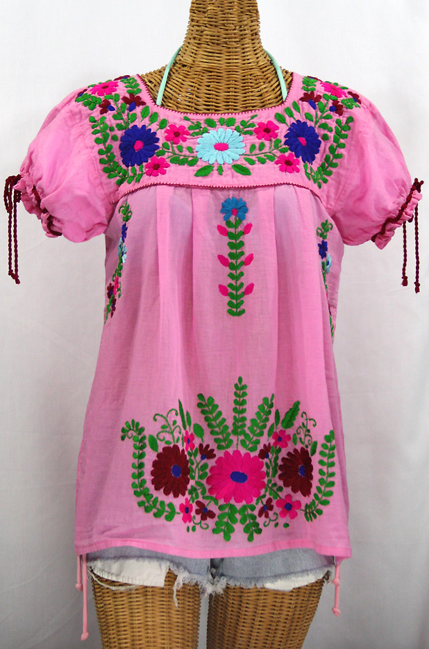 "La Poblana" Puff-Tie Short Sleeve Embroidered Mexican Style Peasant Top - Bubblegum Pink
