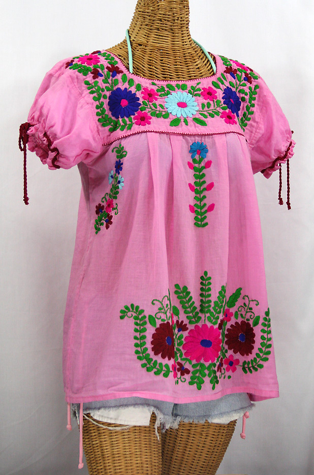 "La Poblana" Puff-Tie Short Sleeve Embroidered Mexican Style Peasant Top - Bubblegum Pink