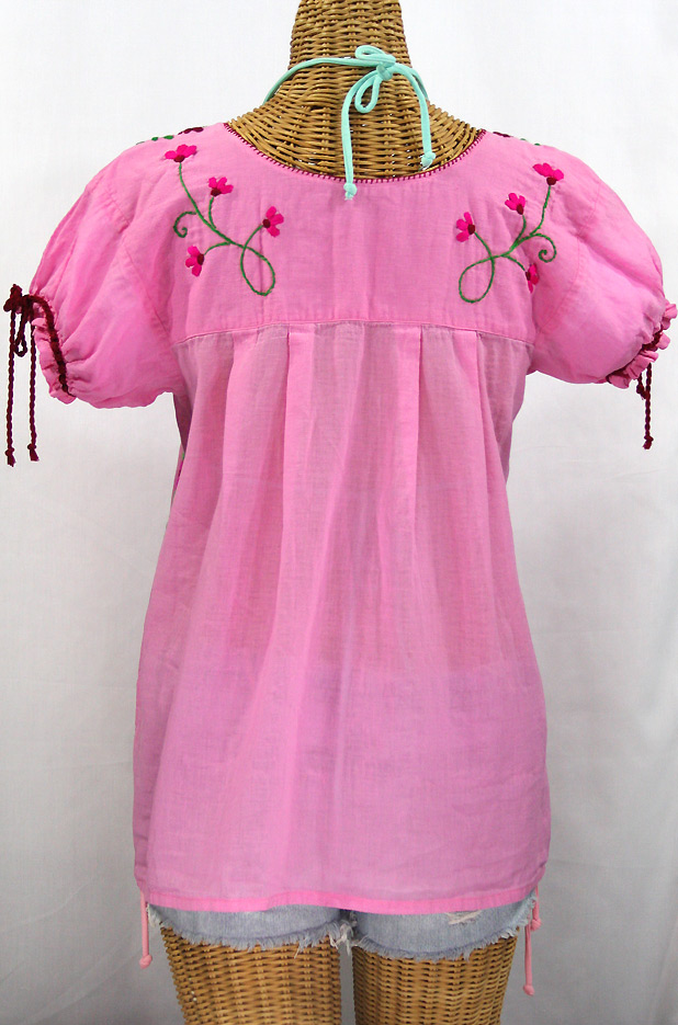 "La Poblana" Puff-Tie Short Sleeve Embroidered Mexican Style Peasant Top - Bubblegum Pink