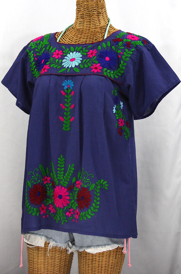 "La Poblana" Embroidered Mexican Style Peasant Top - Royal Blue