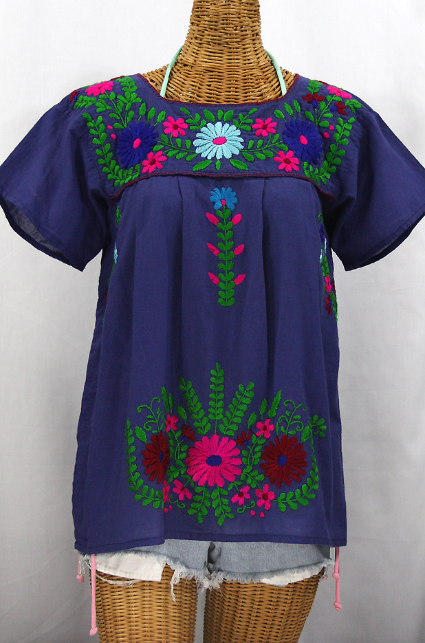"La Poblana" Embroidered Mexican Style Peasant Top - Royal Blue