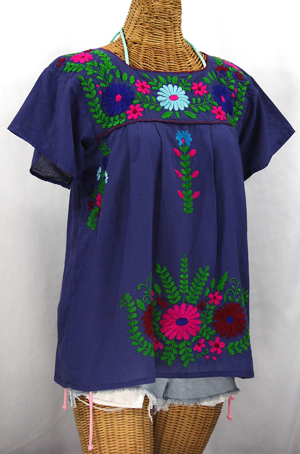 "La Poblana" Embroidered Mexican Style Peasant Top - Royal Blue