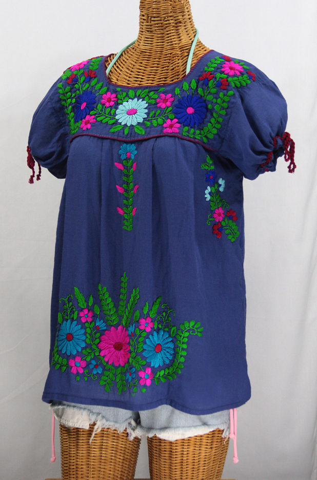 "La Poblana" Puff-Tie Short Sleeve Embroidered Mexican Style Peasant Top - Royal Blue